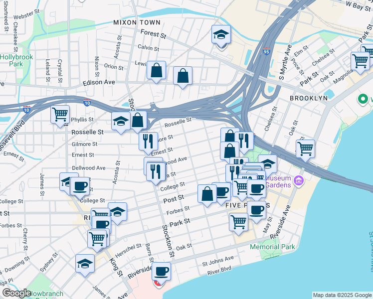 map of restaurants, bars, coffee shops, grocery stores, and more near 2218 Ernest Street in Jacksonville