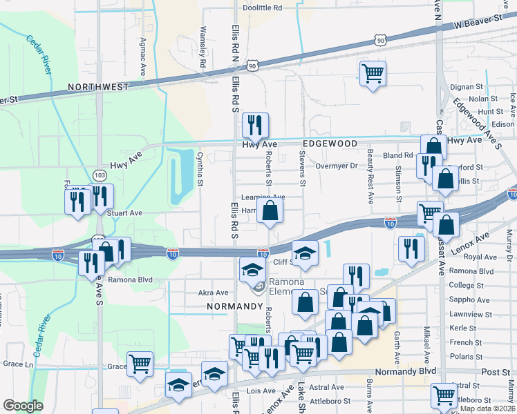 map of restaurants, bars, coffee shops, grocery stores, and more near 5545 Harrold Avenue in Jacksonville
