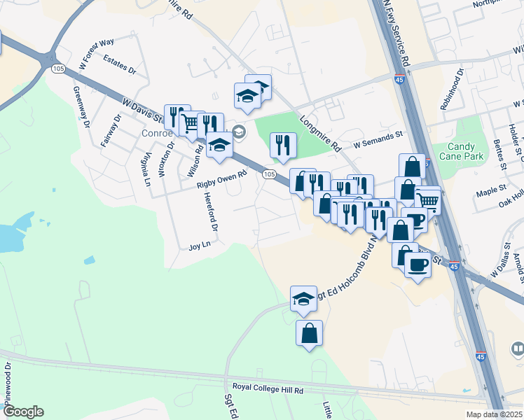 map of restaurants, bars, coffee shops, grocery stores, and more near 200 Camelot Street in Conroe