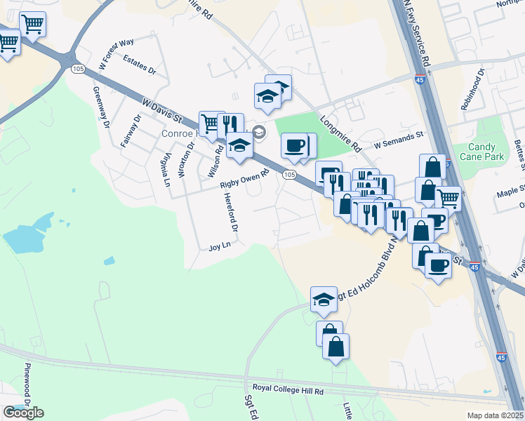map of restaurants, bars, coffee shops, grocery stores, and more near 200 Camelot Street in Conroe