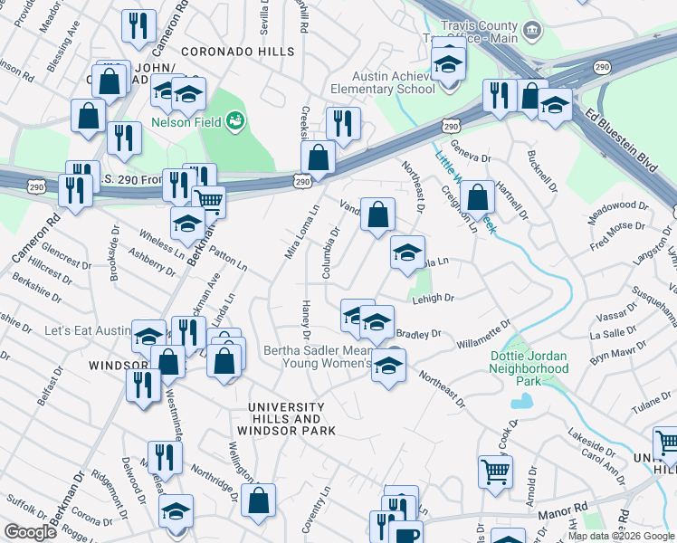 map of restaurants, bars, coffee shops, grocery stores, and more near 6703 Duquesne Drive in Austin
