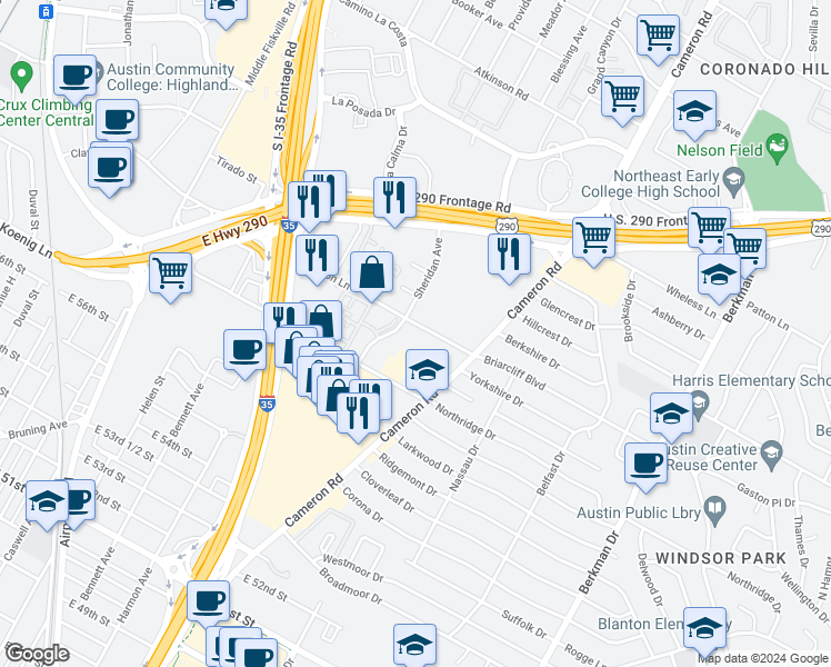 map of restaurants, bars, coffee shops, grocery stores, and more near 1101 Clayton Lane in Austin