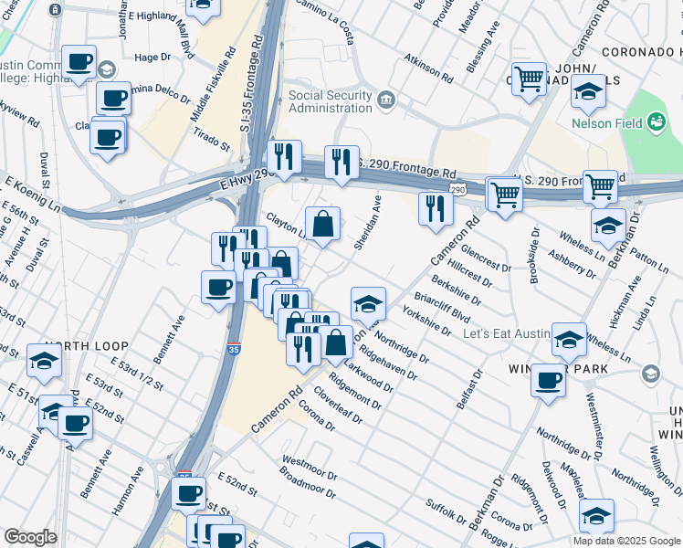 map of restaurants, bars, coffee shops, grocery stores, and more near 1101 Clayton Lane in Austin