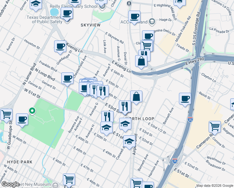map of restaurants, bars, coffee shops, grocery stores, and more near 5408 Duval Street in Austin