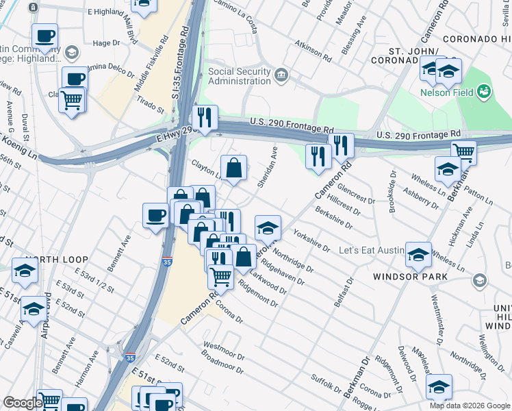 map of restaurants, bars, coffee shops, grocery stores, and more near 5911 Sheridan Avenue in Austin