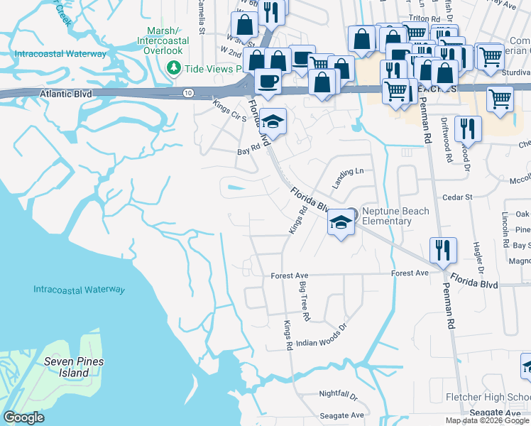 map of restaurants, bars, coffee shops, grocery stores, and more near 1824 Pelican Ct in Neptune Beach