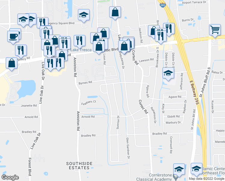 map of restaurants, bars, coffee shops, grocery stores, and more near 1826 Sunrise Drive in Jacksonville