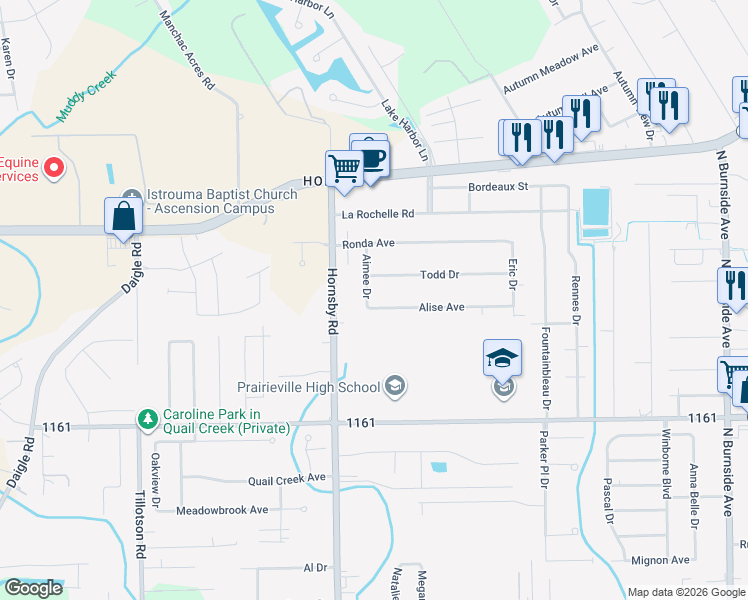 map of restaurants, bars, coffee shops, grocery stores, and more near 40056 Alise Avenue in Prairieville