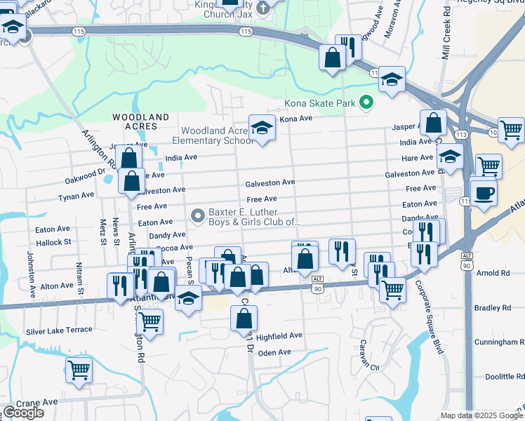 map of restaurants, bars, coffee shops, grocery stores, and more near 8223 Eaton Avenue in Jacksonville