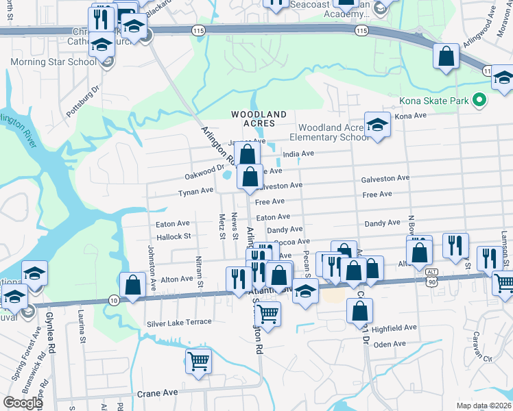 map of restaurants, bars, coffee shops, grocery stores, and more near 229 Arlington Road North in Jacksonville