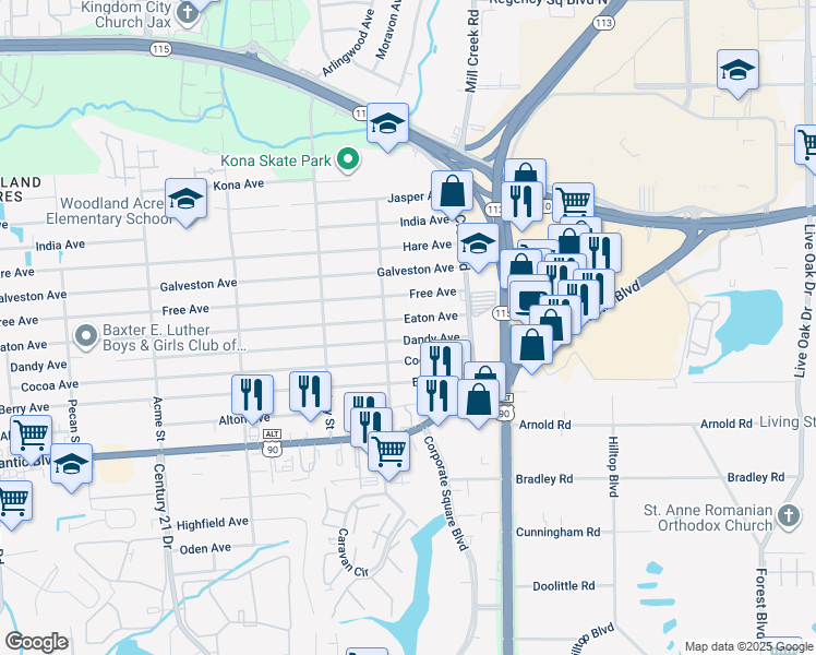 map of restaurants, bars, coffee shops, grocery stores, and more near 8936 Eaton Avenue in Jacksonville