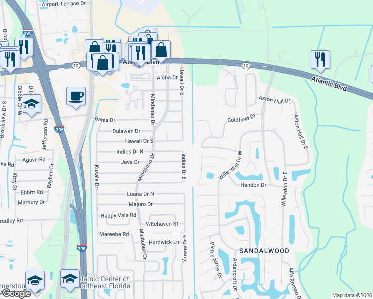 map of restaurants, bars, coffee shops, grocery stores, and more near 1901 Indies Drive East in Jacksonville