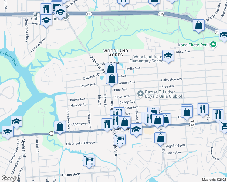 map of restaurants, bars, coffee shops, grocery stores, and more near 229 Arlington Road North in Jacksonville