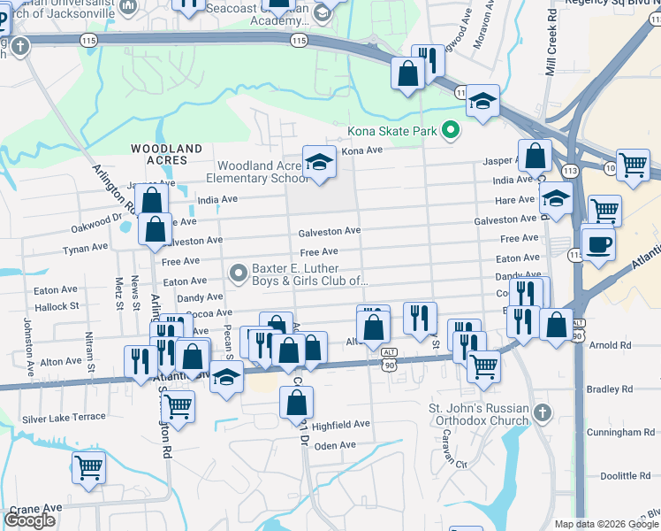 map of restaurants, bars, coffee shops, grocery stores, and more near 8223 Eaton Avenue in Jacksonville
