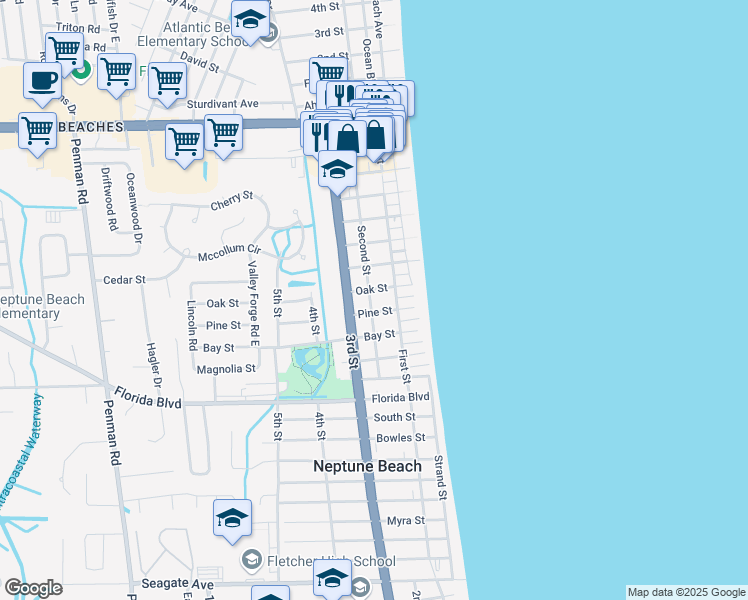map of restaurants, bars, coffee shops, grocery stores, and more near 815 Second Street in Neptune Beach
