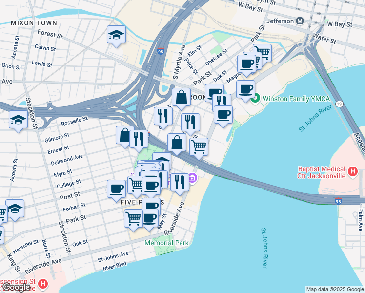 map of restaurants, bars, coffee shops, grocery stores, and more near 725 Peninsular Place in Jacksonville