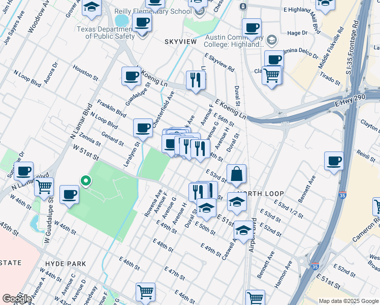 map of restaurants, bars, coffee shops, grocery stores, and more near 5307 Avenue F in Austin