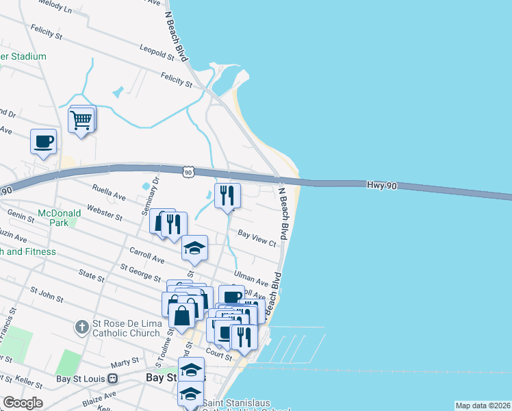 map of restaurants, bars, coffee shops, grocery stores, and more near 5 Breath Lane in Bay St. Louis