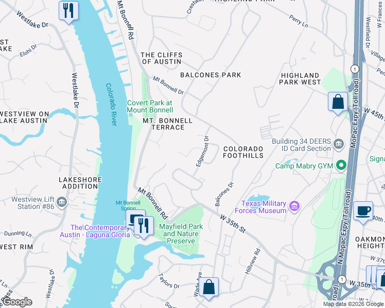 map of restaurants, bars, coffee shops, grocery stores, and more near 3405 Cascadera Drive in Austin