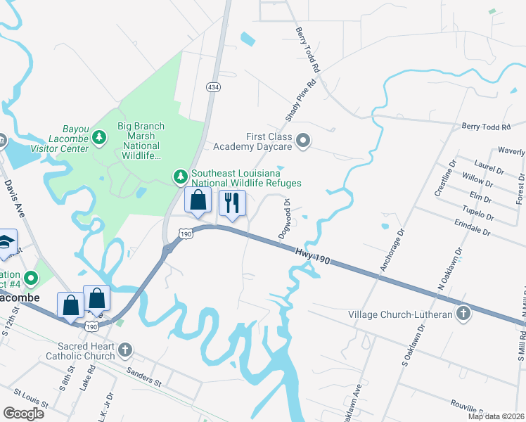 map of restaurants, bars, coffee shops, grocery stores, and more near 61060 Dogwood Drive in Lacombe