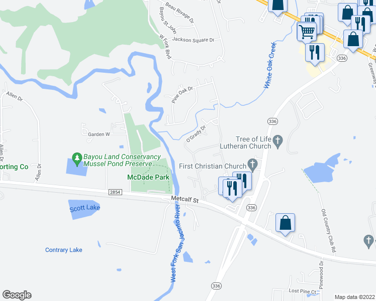 map of restaurants, bars, coffee shops, grocery stores, and more near 1966 O'Grady Drive in Conroe