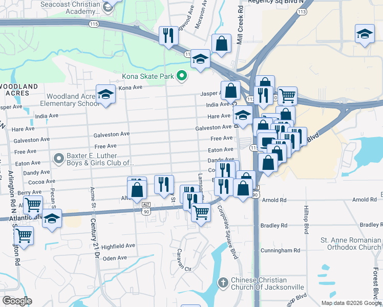 map of restaurants, bars, coffee shops, grocery stores, and more near 8828 Eaton Avenue in Jacksonville
