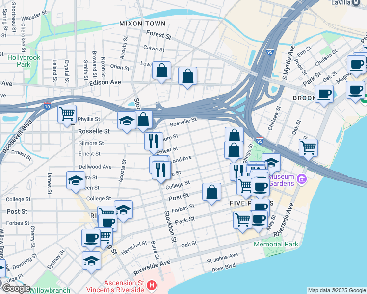 map of restaurants, bars, coffee shops, grocery stores, and more near 2218 Ernest Street in Jacksonville