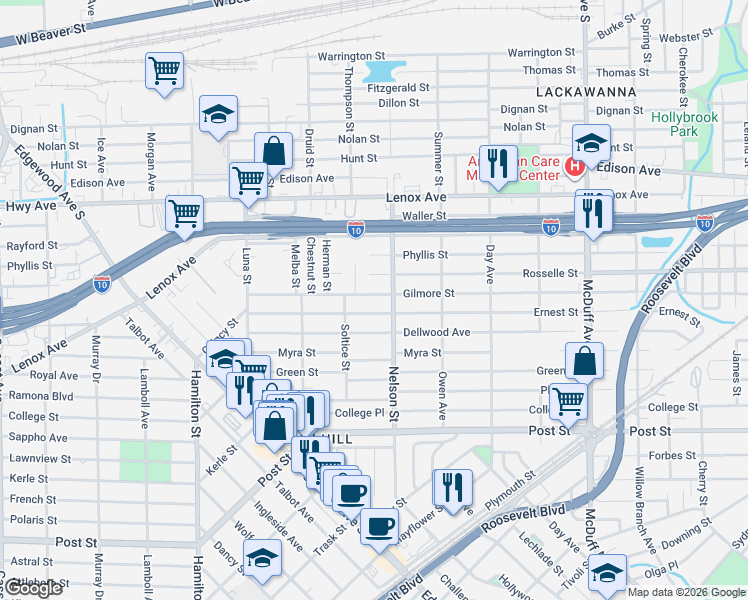 map of restaurants, bars, coffee shops, grocery stores, and more near 3506 Gilmore Street in Jacksonville