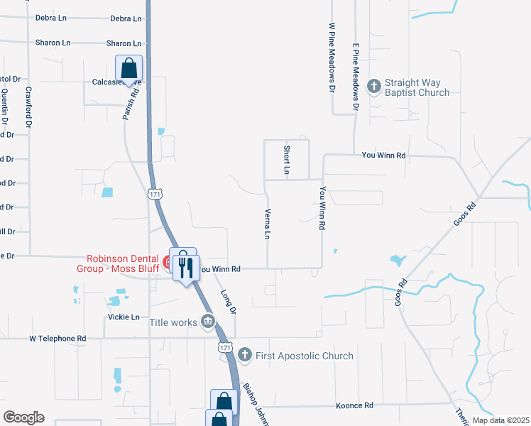 map of restaurants, bars, coffee shops, grocery stores, and more near 1069a Verna Lane in Moss Bluff