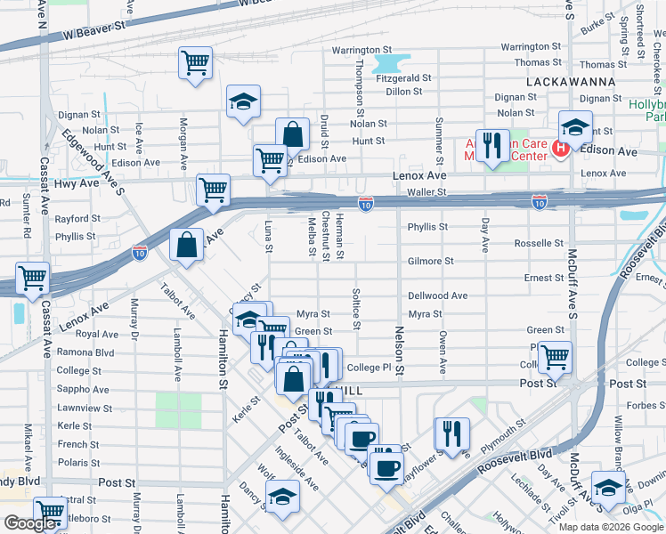 map of restaurants, bars, coffee shops, grocery stores, and more near 3640 Gilmore Street in Jacksonville