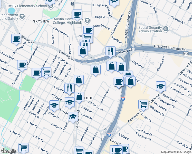 map of restaurants, bars, coffee shops, grocery stores, and more near 5619 Airport Boulevard in Austin