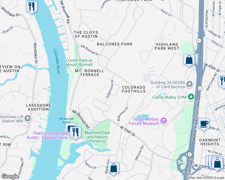 map of restaurants, bars, coffee shops, grocery stores, and more near 3703 Edgemont Drive in Austin