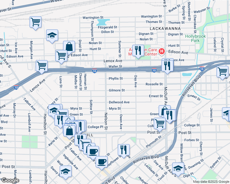map of restaurants, bars, coffee shops, grocery stores, and more near 3322 Gilmore Street in Jacksonville