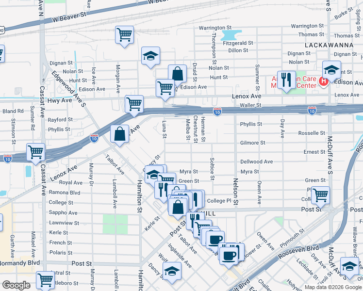 map of restaurants, bars, coffee shops, grocery stores, and more near 4024 Gilmore Street in Jacksonville