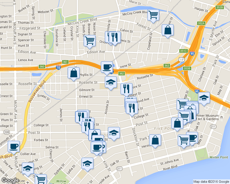 map of restaurants, bars, coffee shops, grocery stores, and more near 2534 Gilmore Street in Jacksonville