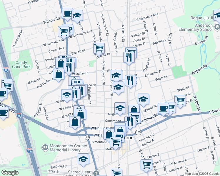map of restaurants, bars, coffee shops, grocery stores, and more near 1011 North Thompson Street in Conroe