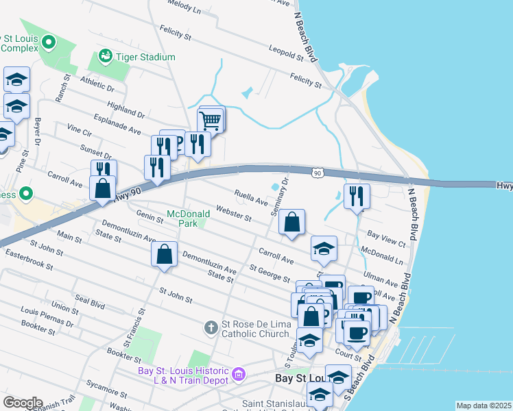 map of restaurants, bars, coffee shops, grocery stores, and more near 304 Ruella Avenue in Bay St. Louis
