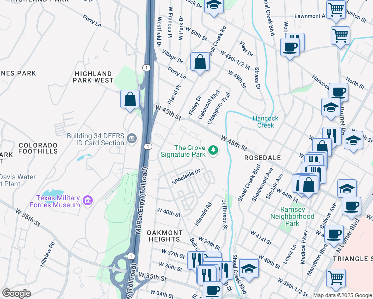 map of restaurants, bars, coffee shops, grocery stores, and more near 2609 Perseverance Drive in Austin