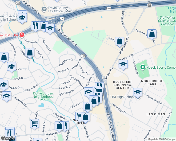 map of restaurants, bars, coffee shops, grocery stores, and more near 7402 Vintage Hills Drive in Austin