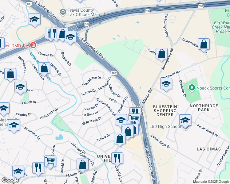 map of restaurants, bars, coffee shops, grocery stores, and more near 3100 Lynridge Drive in Austin