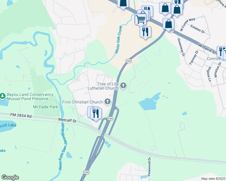 map of restaurants, bars, coffee shops, grocery stores, and more near 3310 North Loop 336 West in Conroe