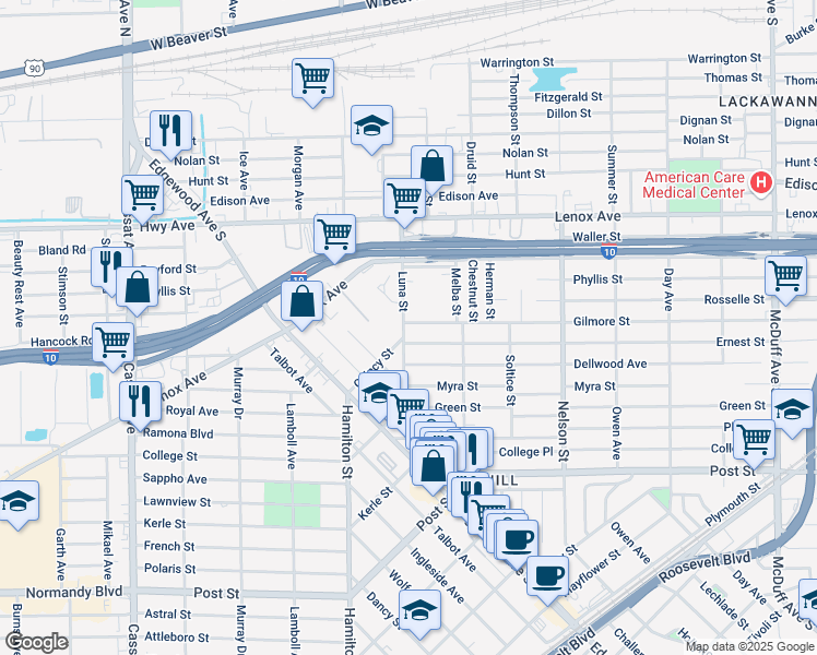 map of restaurants, bars, coffee shops, grocery stores, and more near 4064 Gilmore Street in Jacksonville