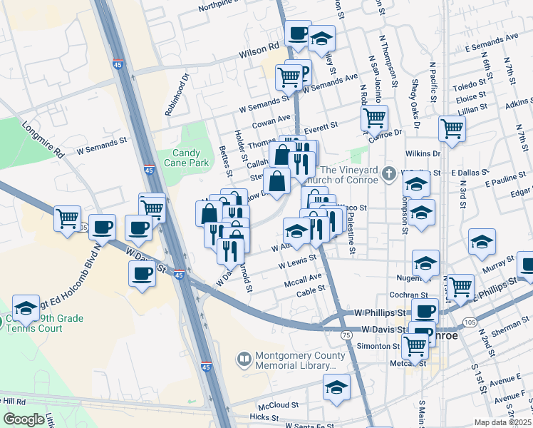 map of restaurants, bars, coffee shops, grocery stores, and more near 812 West Dallas Street in Conroe