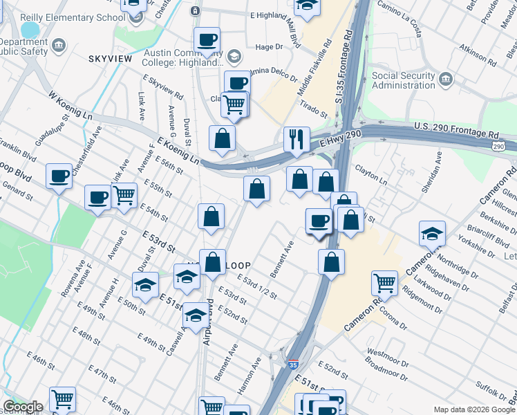 map of restaurants, bars, coffee shops, grocery stores, and more near 5619 Airport Boulevard in Austin