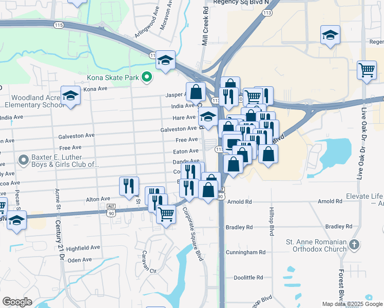 map of restaurants, bars, coffee shops, grocery stores, and more near 9112 Eaton Avenue in Jacksonville