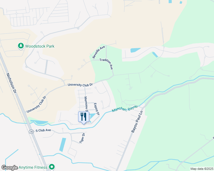 map of restaurants, bars, coffee shops, grocery stores, and more near 15237 Campanile Court in Baton Rouge