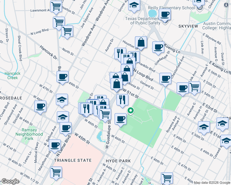 map of restaurants, bars, coffee shops, grocery stores, and more near 4926 North Lamar Boulevard in Austin