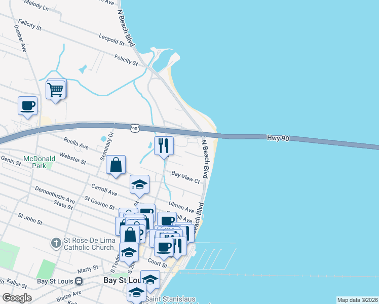 map of restaurants, bars, coffee shops, grocery stores, and more near 2 Breath Lane in Bay St. Louis