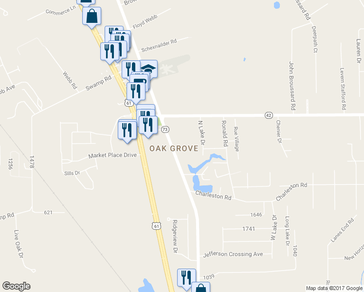 map of restaurants, bars, coffee shops, grocery stores, and more near 17198 Old Jefferson Highway in Prairieville