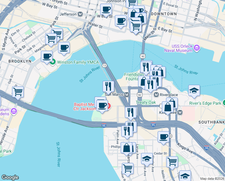 map of restaurants, bars, coffee shops, grocery stores, and more near 959 Prudential Drive in Jacksonville